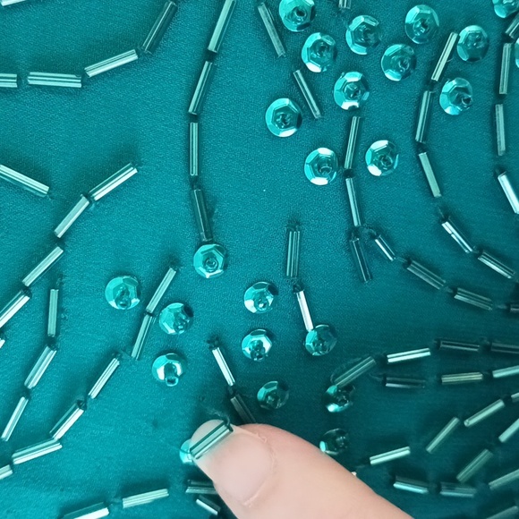 Vintage Sequin dress round neck short sleeve mini silk teal green size 6-8 - Picture 6 of 13